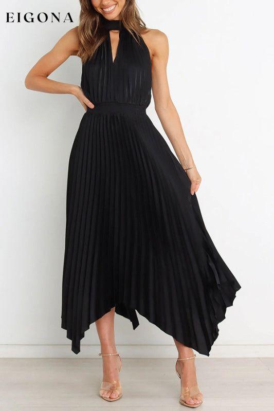 Women's Dress, folded solid color sleeveless halterneck V-neck irregular midi dress Black clothes dress dresses halter dress maxi dress midi dress