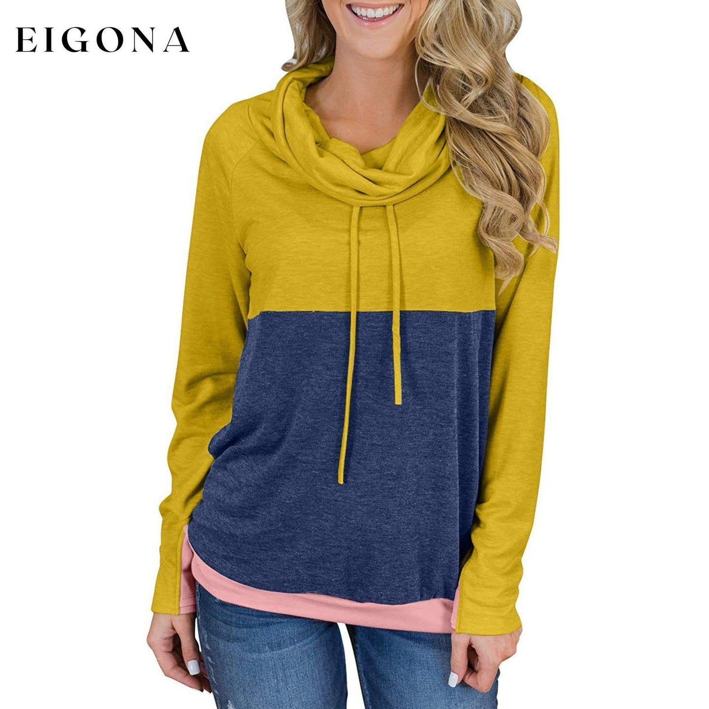 Women Cowl Neck Casual Tunic Sweatshirts Drawstring Long Sleeve Color Block Patchwork Pullover Tops Yellow __stock:50 clothes refund_fee:1200 tops