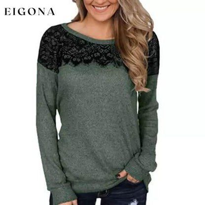 Women Fashion Black Lace Top Long Sleeve Elegant Casual Sweatshirt Blouse Dark Green __stock:500 clothes Low stock refund_fee:800 tops