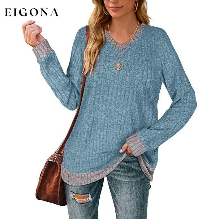 Women Lightweight V Neck Long Sleeve Tunic Blue __stock:50 clothes refund_fee:1200 tops