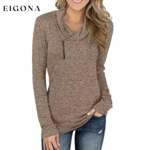 Women Long Sleeve V-Neck Size Zipper Collar Pullover Tunic Tops Brown __stock:500 clothes refund_fee:800 tops
