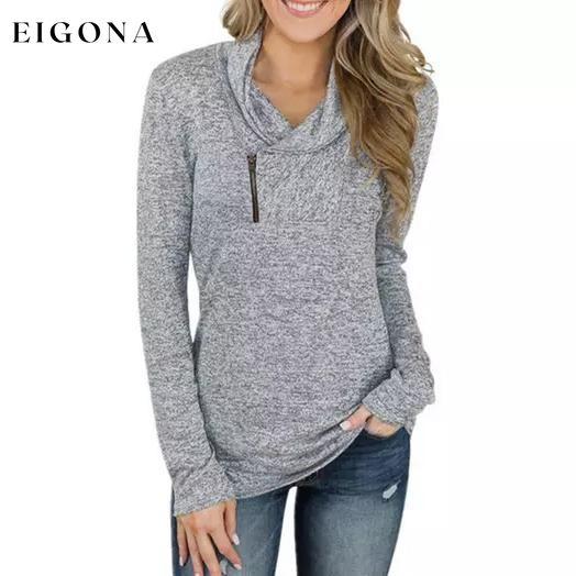 Women Long Sleeve V-Neck Size Zipper Collar Pullover Tunic Tops Gray __stock:500 clothes refund_fee:800 tops
