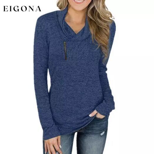 Women Long Sleeve V-Neck Size Zipper Collar Pullover Tunic Tops Navy __stock:500 clothes refund_fee:800 tops