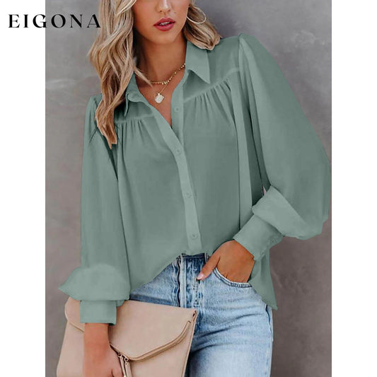 Womens Blouse Shirt Plain Button Long Sleeve Green __stock:200 clothes refund_fee:1200 tops