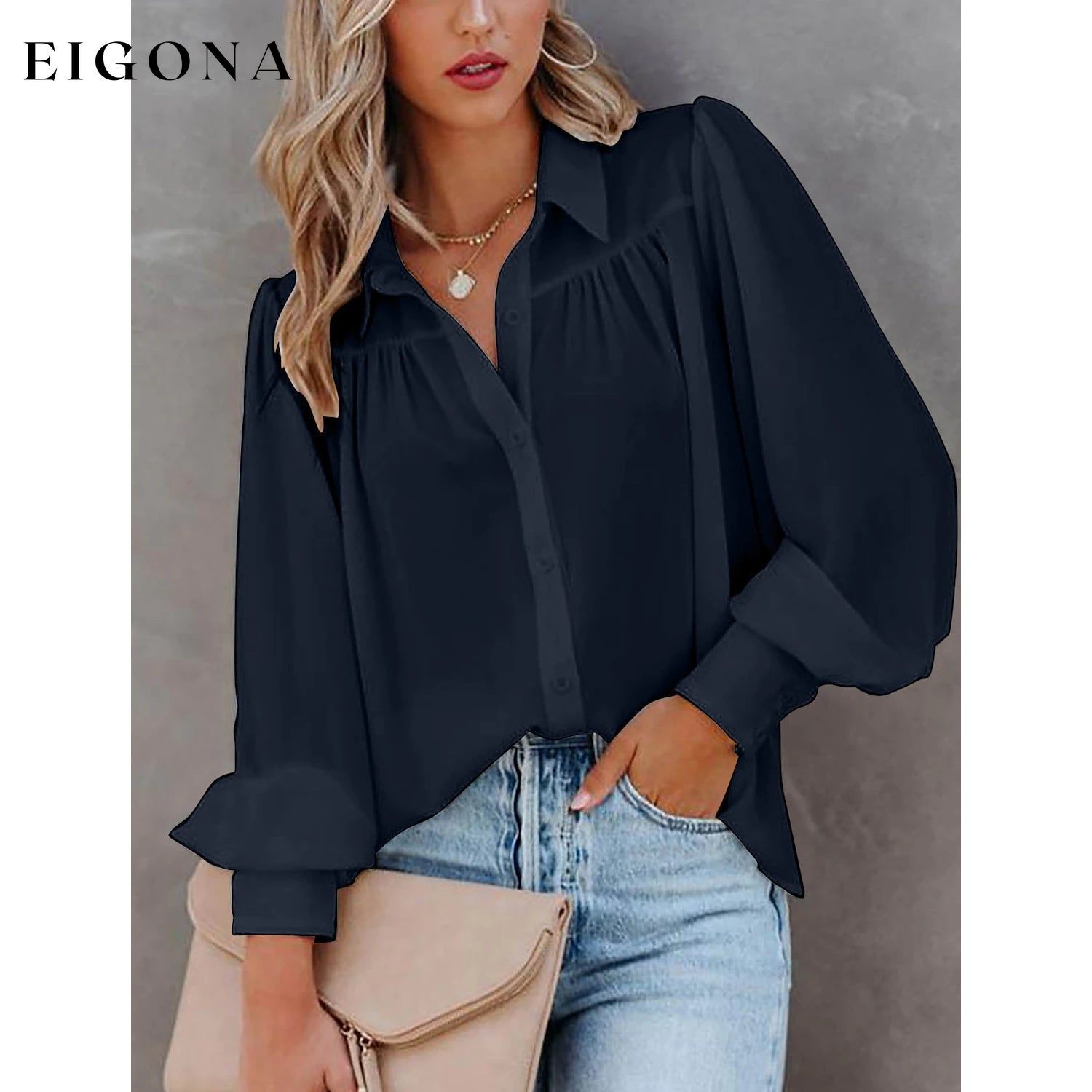 Womens Blouse Shirt Plain Button Long Sleeve Navy Blue __stock:200 clothes refund_fee:1200 tops