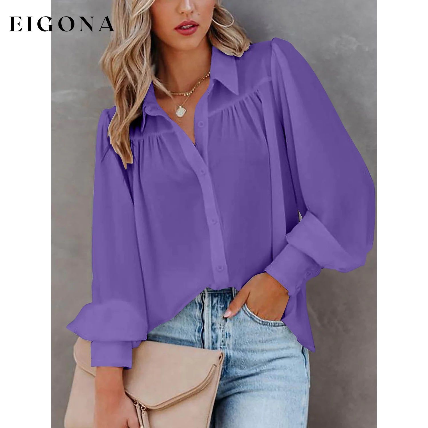 Womens Blouse Shirt Plain Button Long Sleeve Purple __stock:200 clothes refund_fee:1200 tops