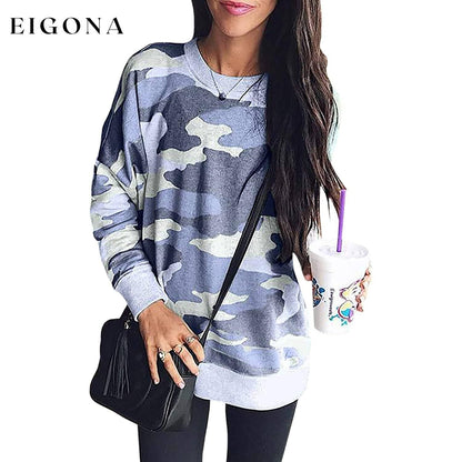 Women's Camouflage Print Casual Leopard Pullover Long Sleeve Sweatshirts Blue __stock:50 clothes refund_fee:800 tops