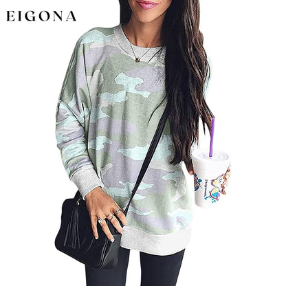 Women's Camouflage Print Casual Leopard Pullover Long Sleeve Sweatshirts Light Green __stock:50 clothes refund_fee:800 tops