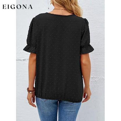 Women's Casual Lace Pom Pom V Neck Chiffon Short Sleeve Top __stock:200 clothes refund_fee:1200 tops
