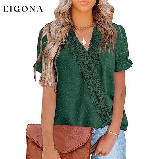 Women's Casual Lace Pom Pom V Neck Chiffon Short Sleeve Top Green __stock:200 clothes refund_fee:1200 tops