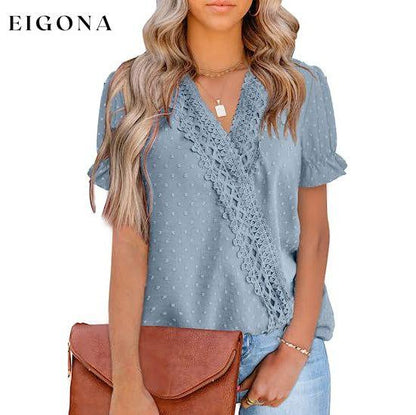 Women's Casual Lace Pom Pom V Neck Chiffon Short Sleeve Top Light Blue __stock:200 clothes refund_fee:1200 tops