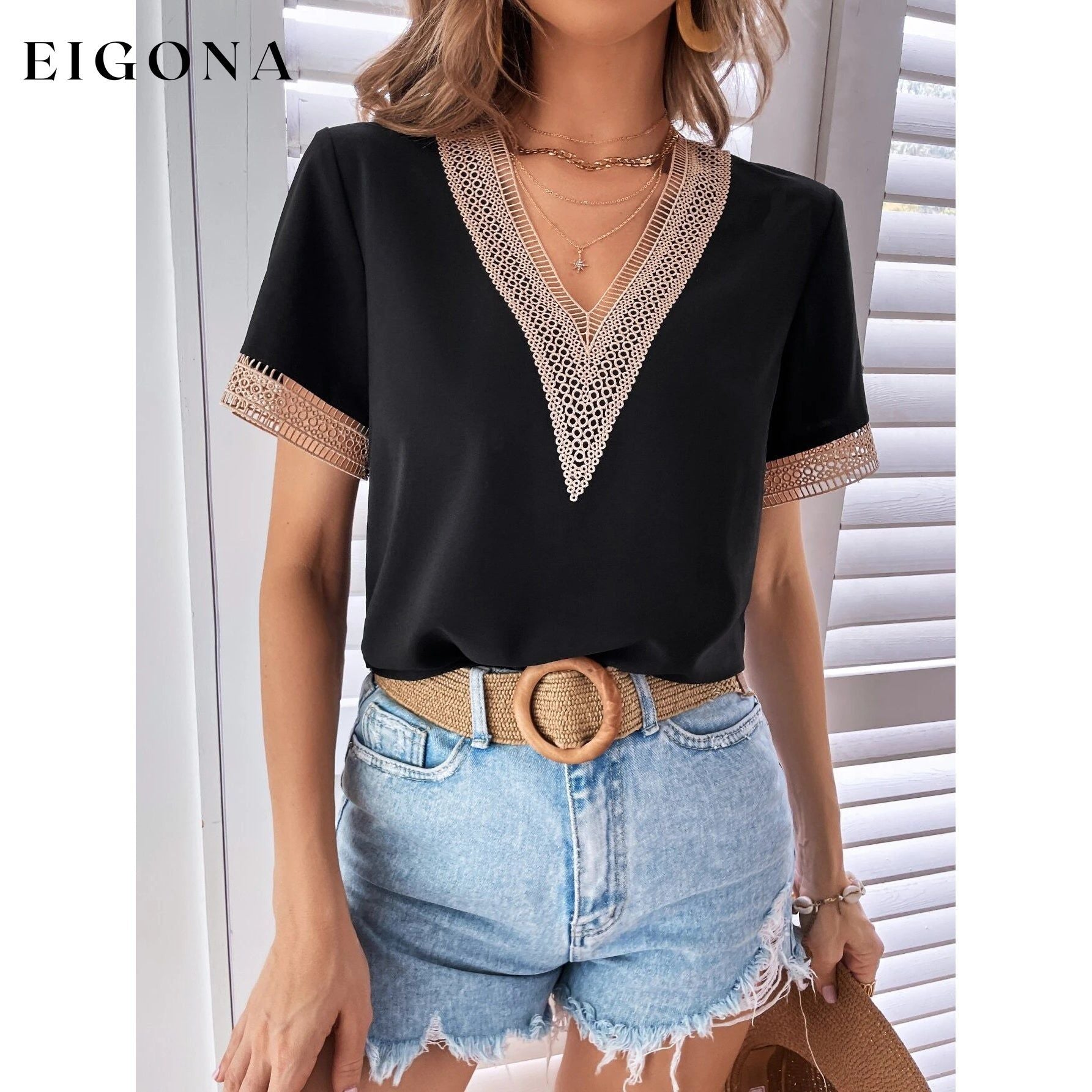 Women's Contrast Guipure Lace Blouse Black __stock:200 clothes refund_fee:800 tops