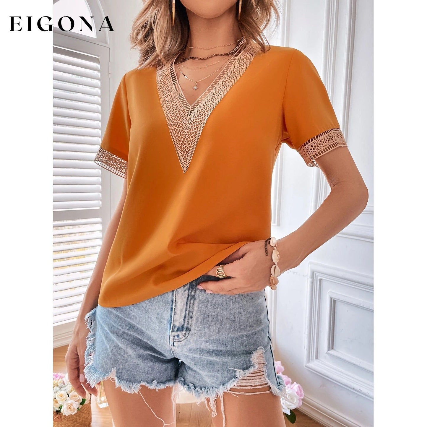 Women's Contrast Guipure Lace Blouse Orange __stock:200 clothes refund_fee:800 tops