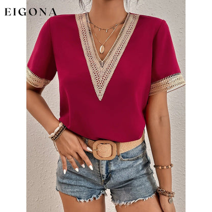 Women's Contrast Guipure Lace Blouse Red __stock:200 clothes refund_fee:800 tops