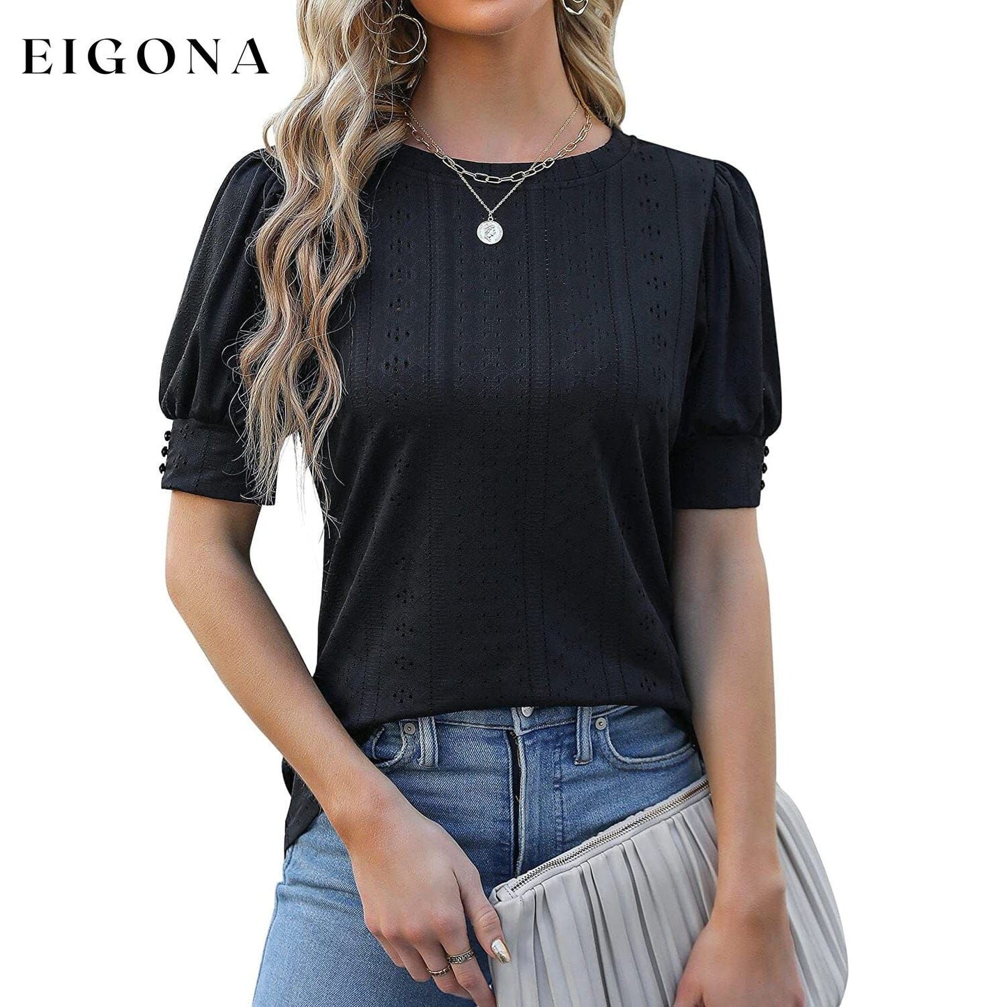 Women's Dressy Casual Puff Sleeve Tops Black __stock:200 clothes refund_fee:1200 tops