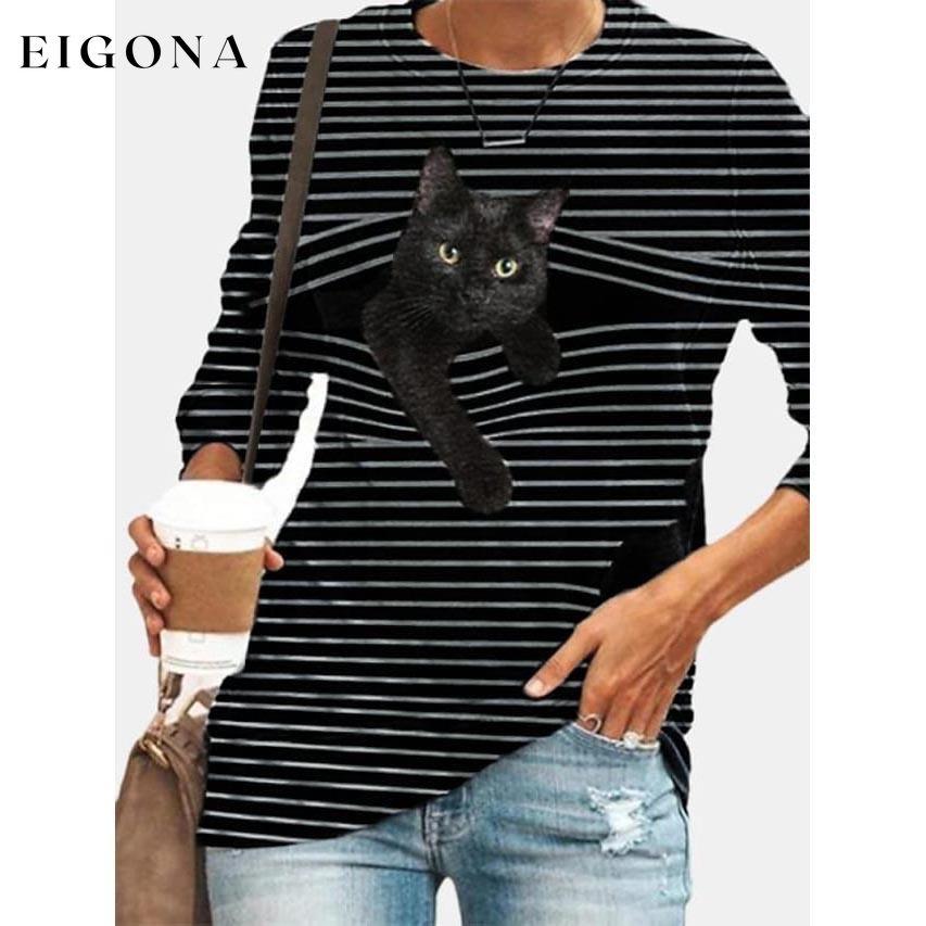 Women's Halloween Tunic T shirt Striped Cat 3D Cartoon Long Sleeve Print Round Neck Gray __stock:50 clothes refund_fee:800 tops