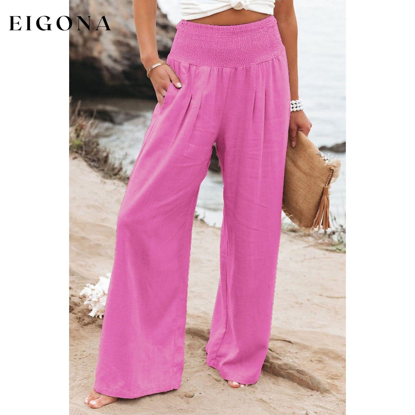 Women's High Waist Loose Wide Leg Pants Fuchsia __stock:200 bottoms refund_fee:1200