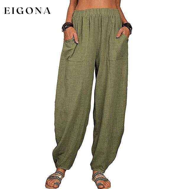 Women's Linen High Waist Wide Leg Pants Army Green __stock:200 bottoms refund_fee:1200