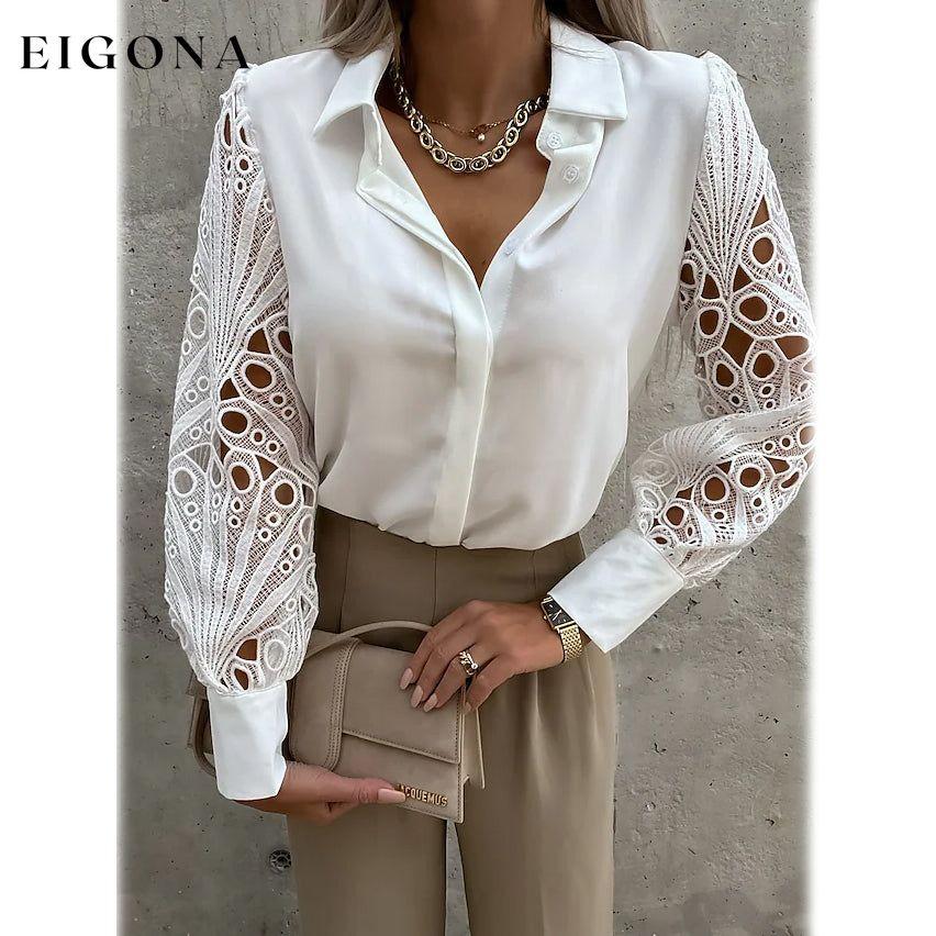 Women's Long Sleeve Cutout Lace Button Down Shirt White __stock:200 clothes refund_fee:1200 tops