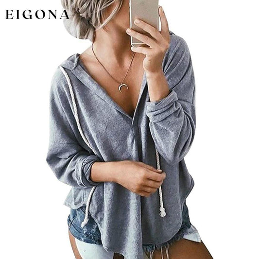 Women's Long Sleeve Deep V Neck Drawstring Sweatshirt Top Gray __stock:50 clothes refund_fee:800 tops