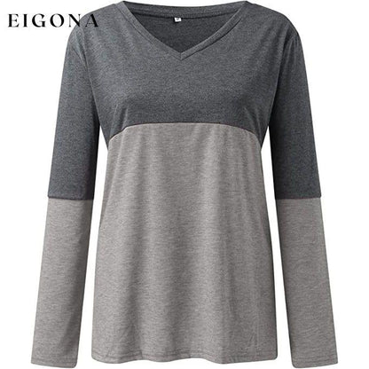Women's Long Sleeve V Neck Loose Basic Shirt Gray __stock:200 clothes refund_fee:1200 tops