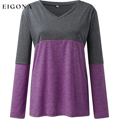 Women's Long Sleeve V Neck Loose Basic Shirt Purple __stock:200 clothes refund_fee:1200 tops