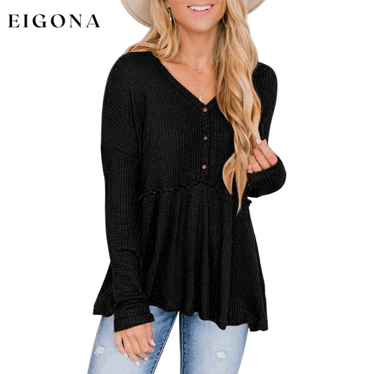 Women's Long Sleeve V Neck Ruffle Babydoll Tunic Tops Black __stock:50 clothes refund_fee:1200 tops