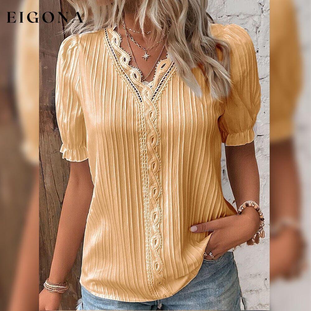 Women's Shirt Blouse Plain Lace Short Sleeve Casual Basic V Neck Gold __stock:200 clothes refund_fee:1200 tops