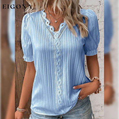 Women's Shirt Blouse Plain Lace Short Sleeve Casual Basic V Neck Sky Blue __stock:200 clothes refund_fee:1200 tops