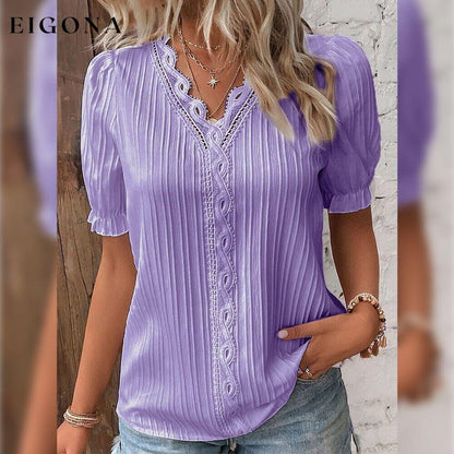 Women's Shirt Blouse Plain Lace Short Sleeve Casual Basic V Neck Violet __stock:200 clothes refund_fee:1200 tops
