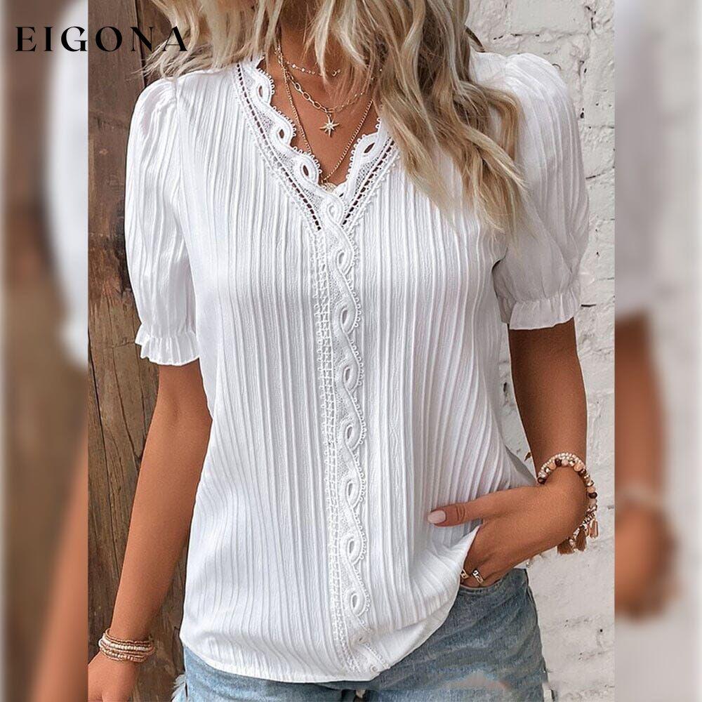 Women's Shirt Blouse Plain Lace Short Sleeve Casual Basic V Neck White __stock:200 clothes refund_fee:1200 tops