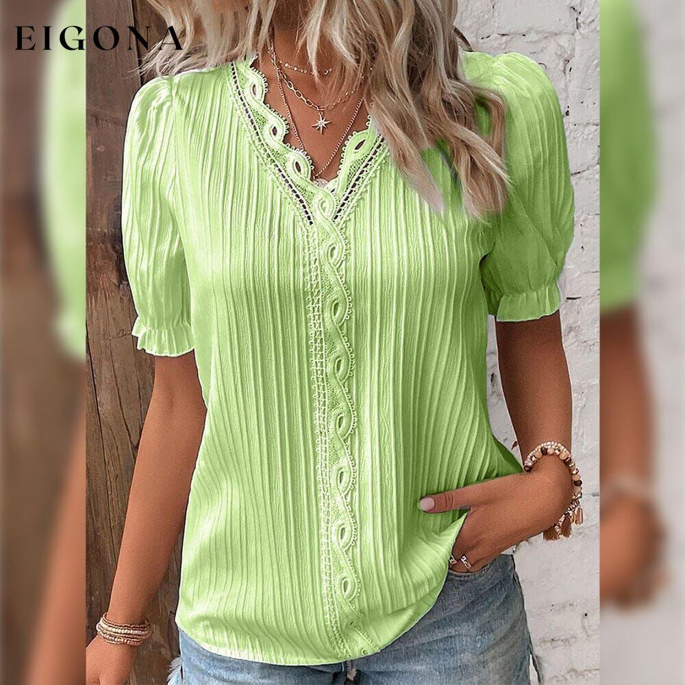 Women's Shirt Blouse Plain Lace Short Sleeve Casual Basic V Neck Yellow Green __stock:200 clothes refund_fee:1200 tops