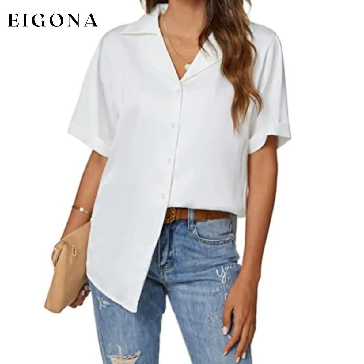 Women's Short Sleeve Casual Satin Button Down Shirt White __stock:200 clothes Low stock refund_fee:800 tops