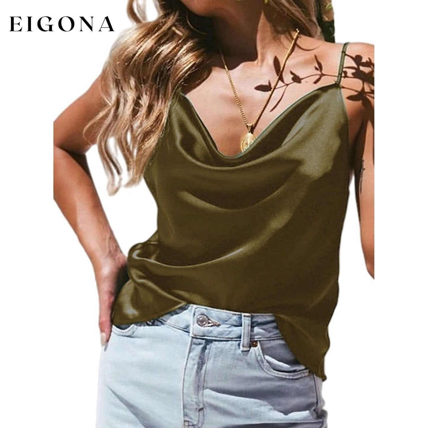 Women's Spaghetti Strap V-Neck Satin Suspender Army Green __stock:200 clothes refund_fee:800 tops