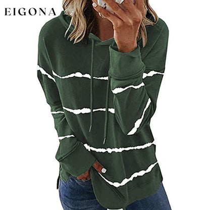 Women's Striped Printed Long Sleeve Drawstring Pullover Hoodie Green __stock:50 clothes refund_fee:800 tops