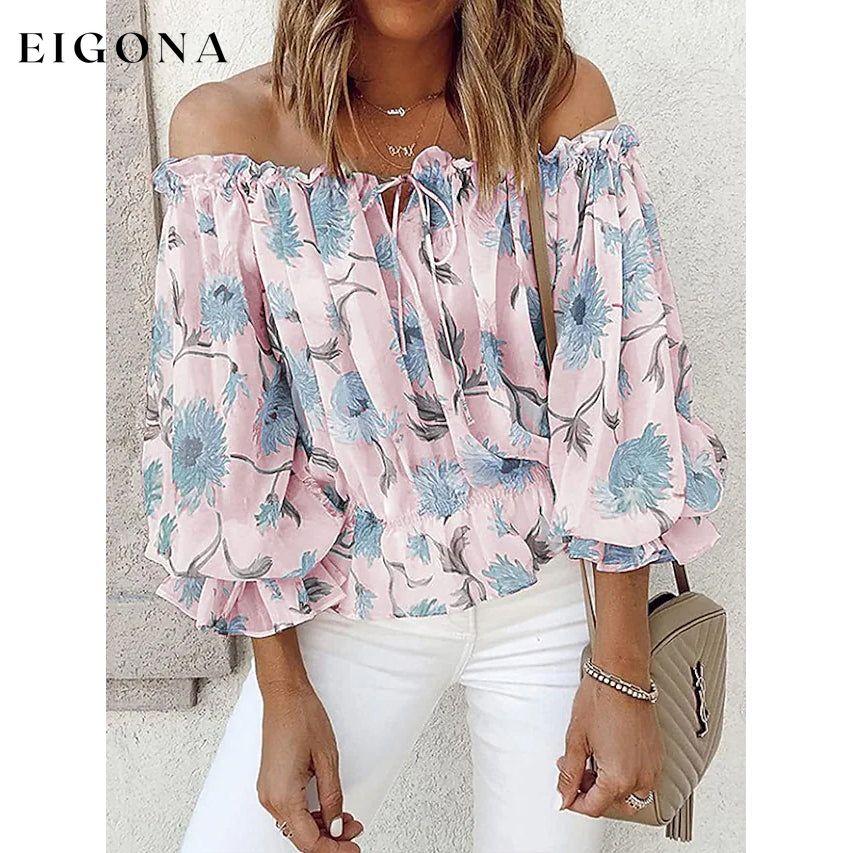 Women's T-Shirt Floral Print Off Shoulder Top Puff Sleeves Pink __stock:200 clothes refund_fee:1200 tops