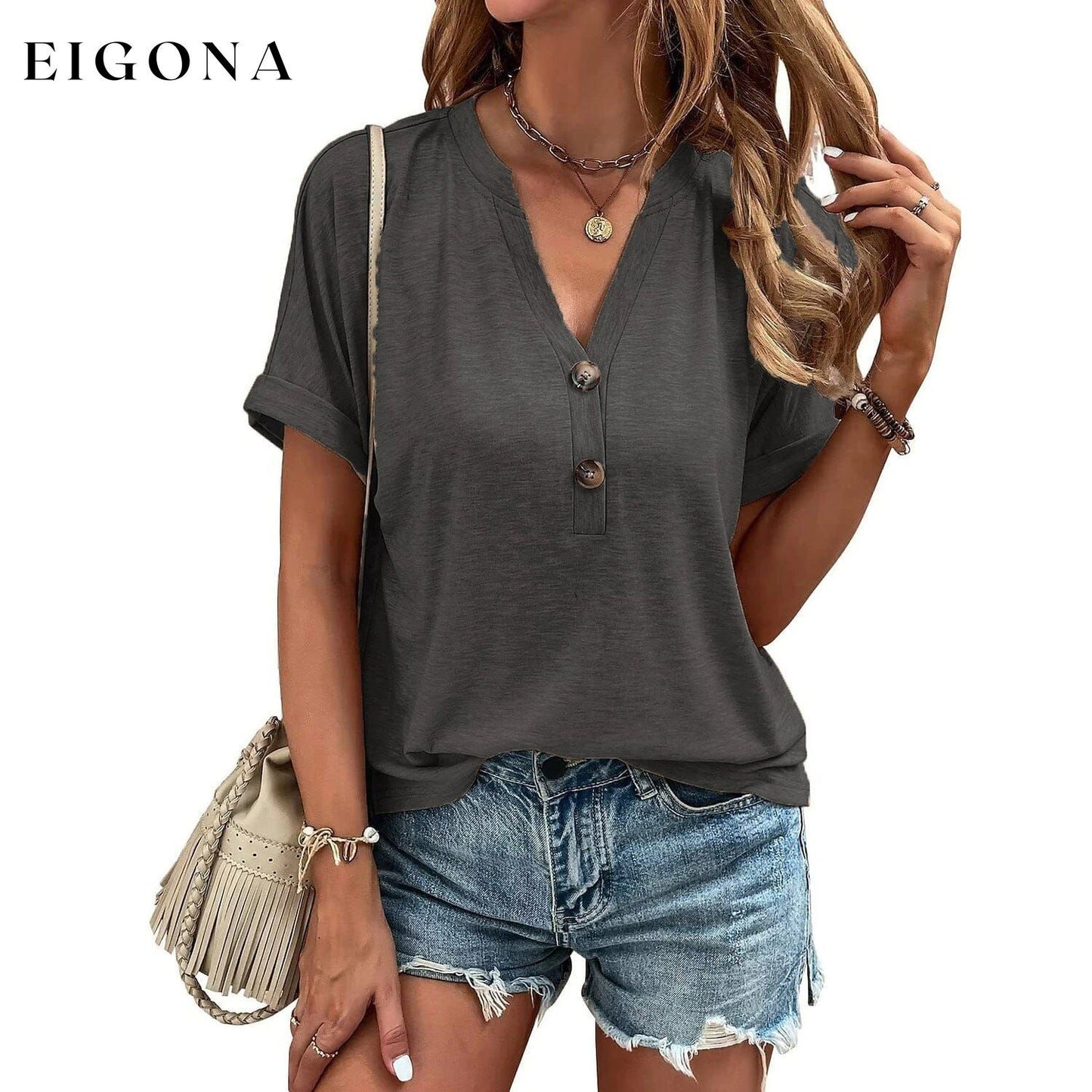 Women's T shirt V Neck Dark Gray __stock:200 clothes refund_fee:1200 tops