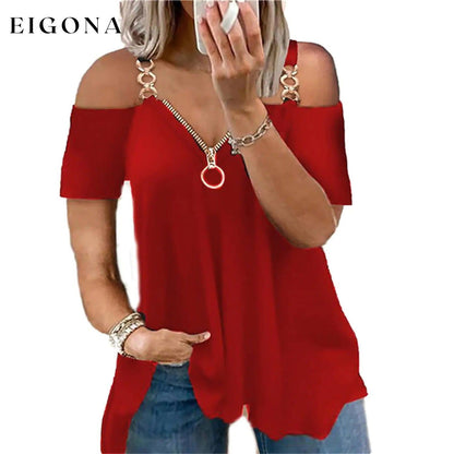 Women's Tailored Zip Crew Neck Plus Size Top Red __stock:200 clothes refund_fee:1200 tops