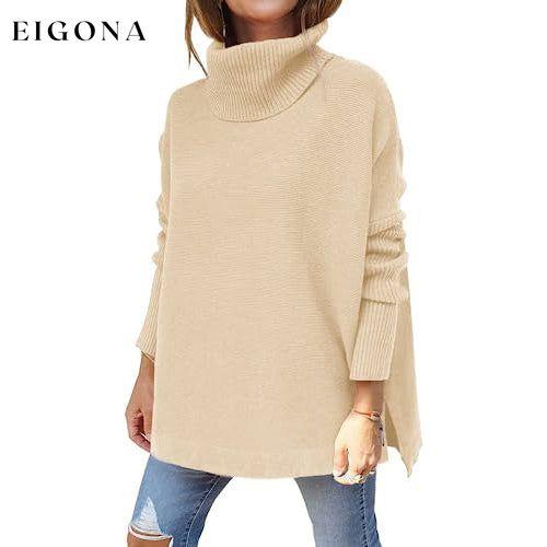 Women's Turtleneck Oversized Sweaters Long Batwing Sleeve Spilt Hem Tunic Apricot __stock:200 clothes refund_fee:1800 tops