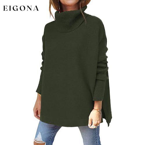 Women's Turtleneck Oversized Sweaters Long Batwing Sleeve Spilt Hem Tunic Army Green __stock:200 clothes refund_fee:1800 tops