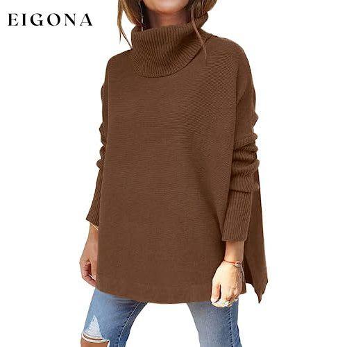 Women's Turtleneck Oversized Sweaters Long Batwing Sleeve Spilt Hem Tunic Brown __stock:200 clothes refund_fee:1800 tops