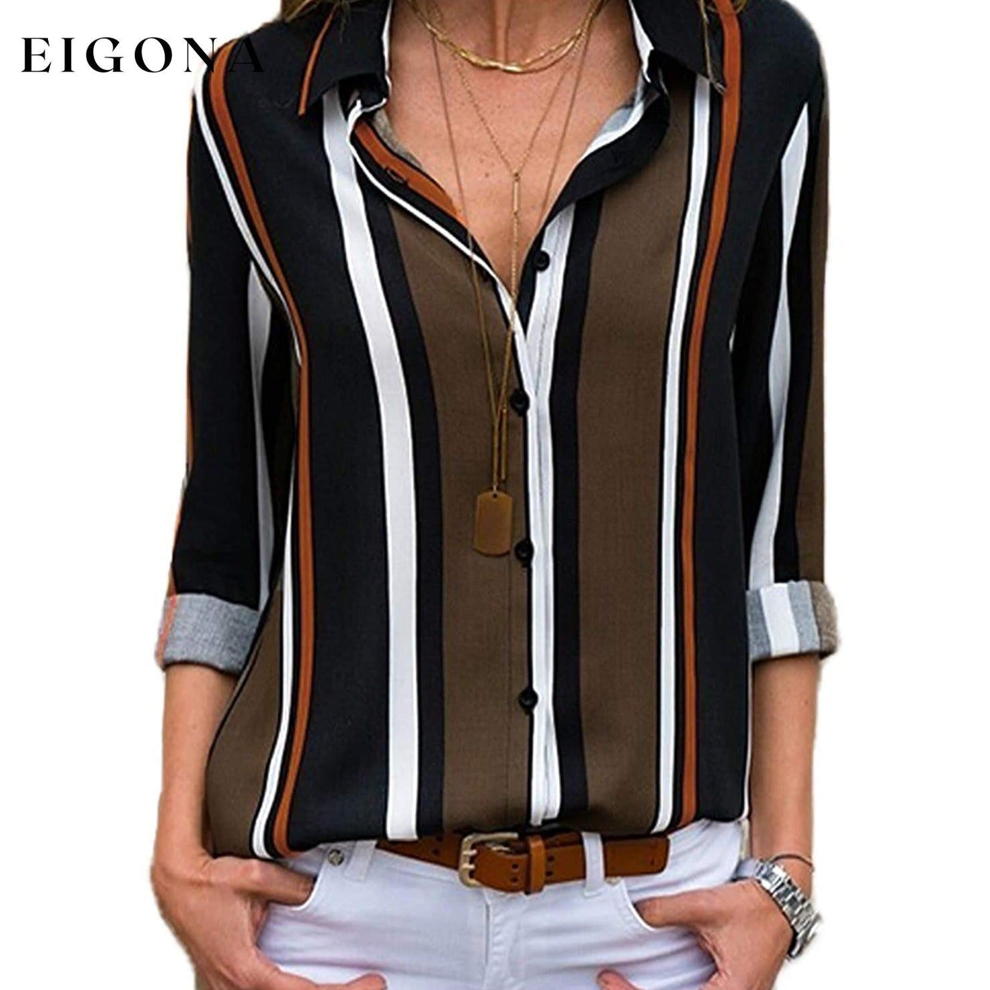 Womens V Neck Striped Roll up Sleeve Button Down Blouses Top Black __stock:200 clothes refund_fee:1200 tops