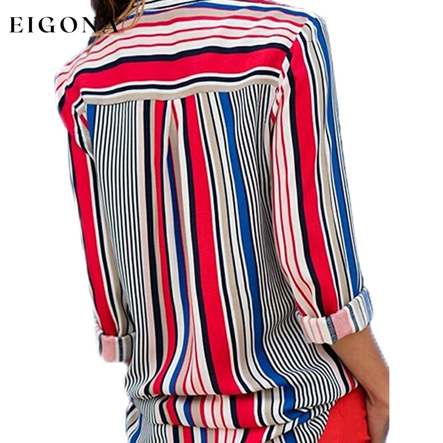 Womens V Neck Striped Roll up Sleeve Button Down Blouses Top __stock:200 clothes refund_fee:1200 tops
