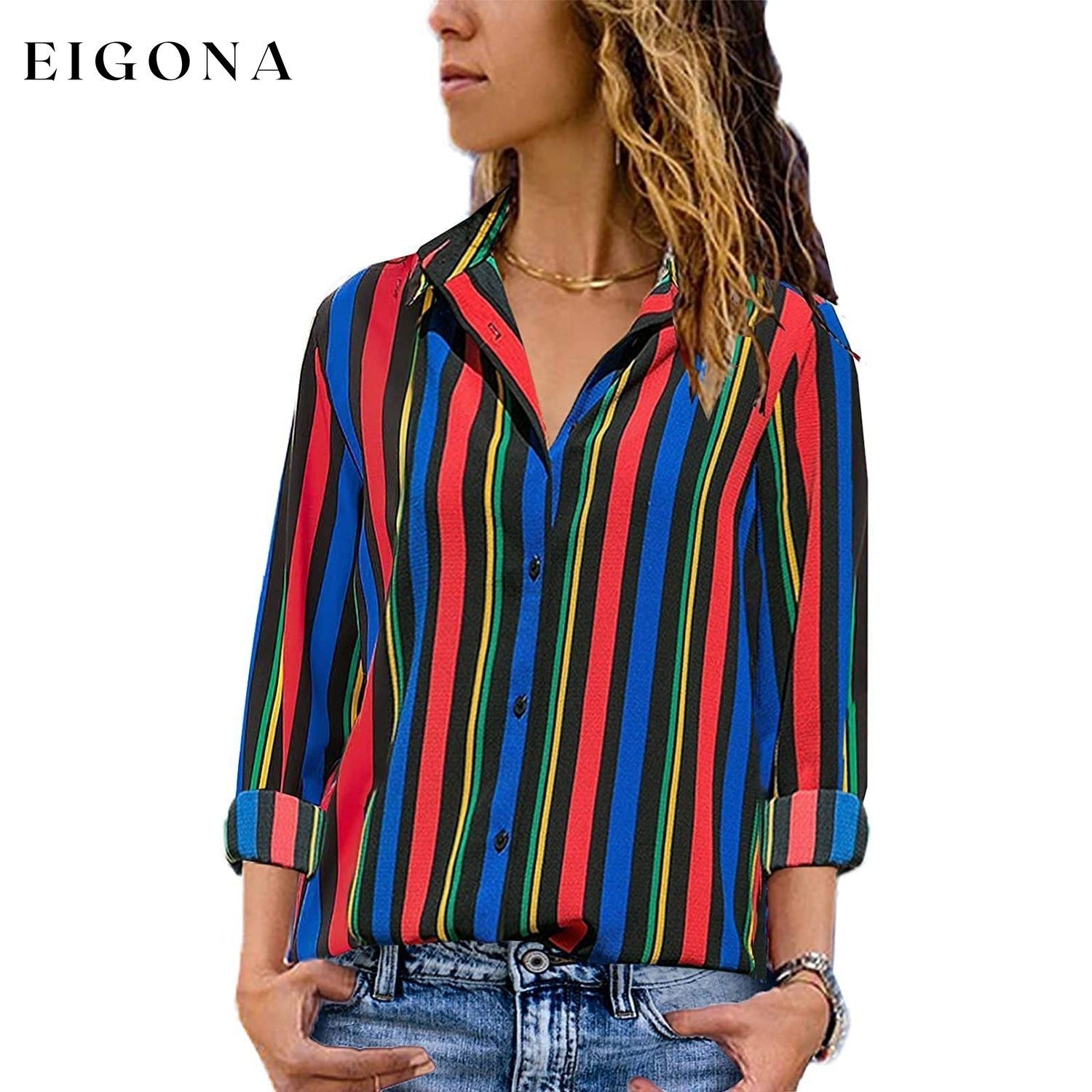Womens V Neck Striped Roll up Sleeve Button Down Blouses Top Multicolor __stock:200 clothes refund_fee:1200 tops