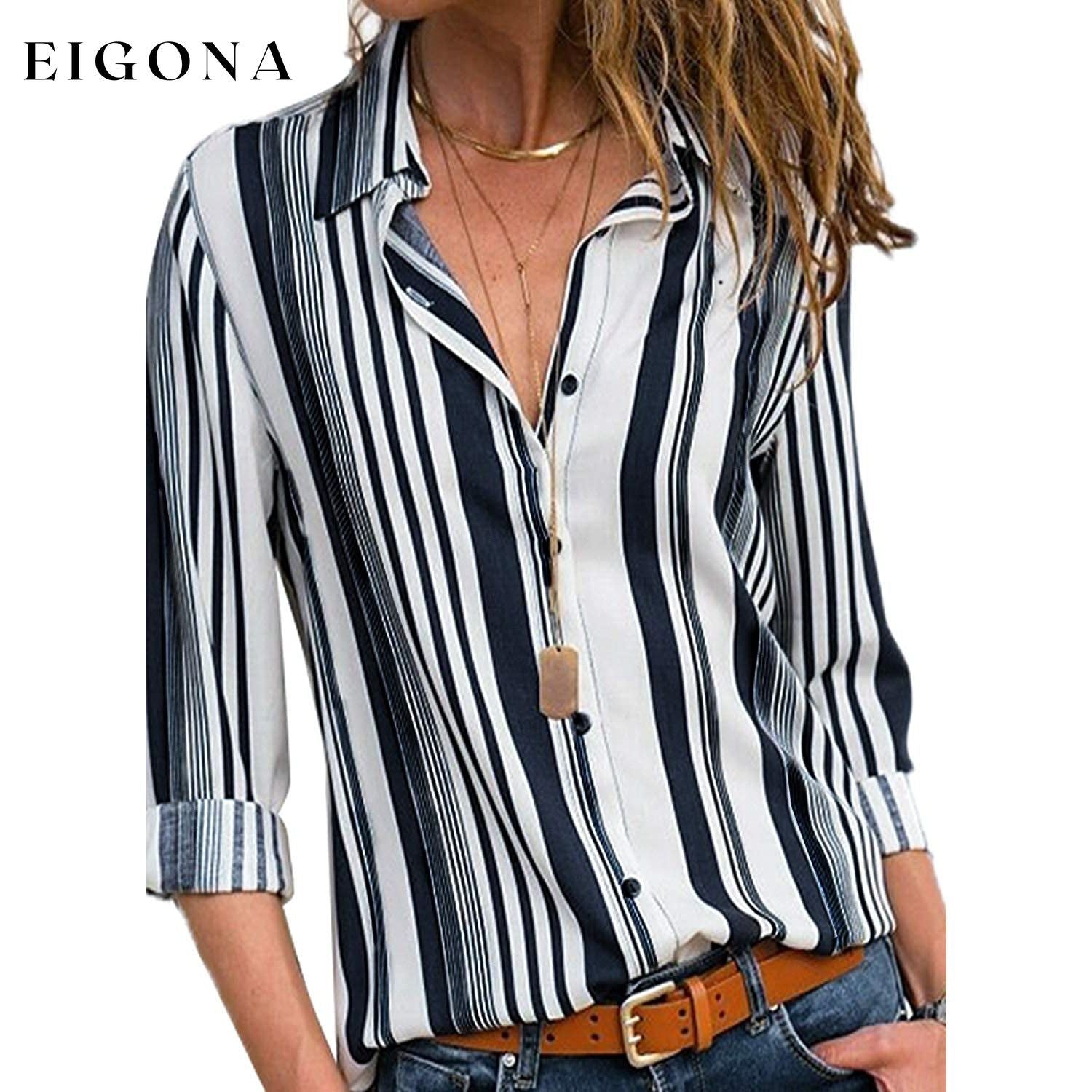 Womens V Neck Striped Roll up Sleeve Button Down Blouses Top Navy __stock:200 clothes refund_fee:1200 tops