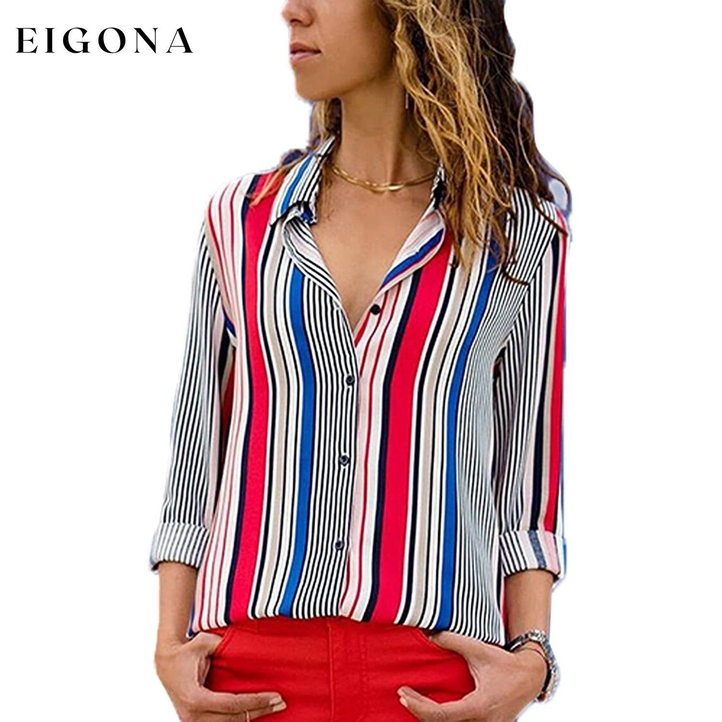 Womens V Neck Striped Roll up Sleeve Button Down Blouses Top Red __stock:200 clothes refund_fee:1200 tops