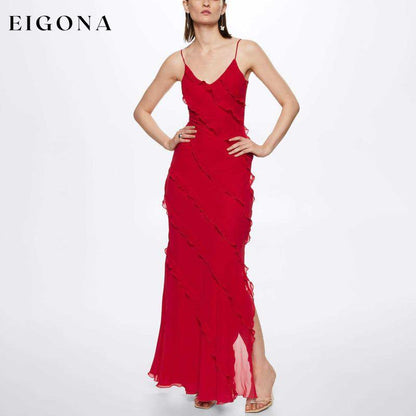 Red Stephanie Dress, Long Maxi Slit Ruffle Elegant Dinner Night Dress Red Clothes dresses long dress long dresses maxi dress