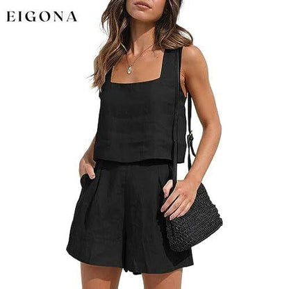 2-Piece Set: Women's Lounge Matching Sets Linen Shorts Crop Tops Black __stock:200 clothes refund_fee:1200 tops