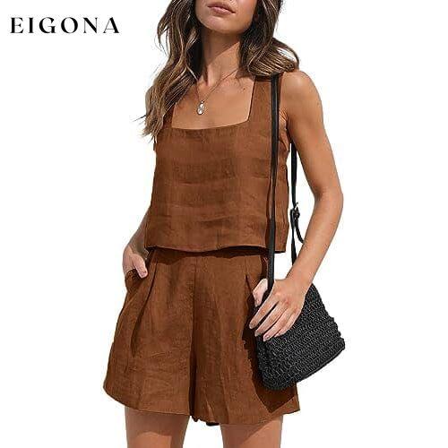 2-Piece Set: Women's Lounge Matching Sets Linen Shorts Crop Tops Dark Brown __stock:200 clothes refund_fee:1200 tops