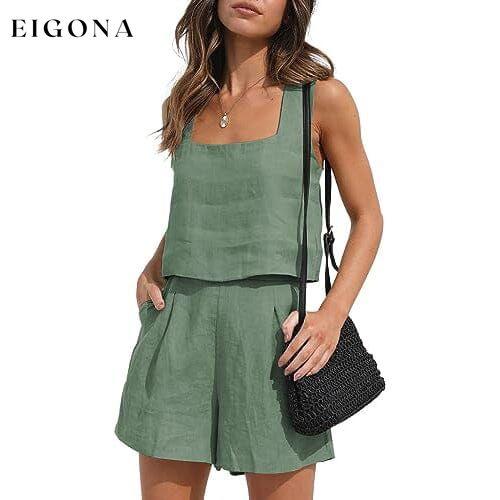 2-Piece Set: Women's Lounge Matching Sets Linen Shorts Crop Tops Green __stock:200 clothes refund_fee:1200 tops